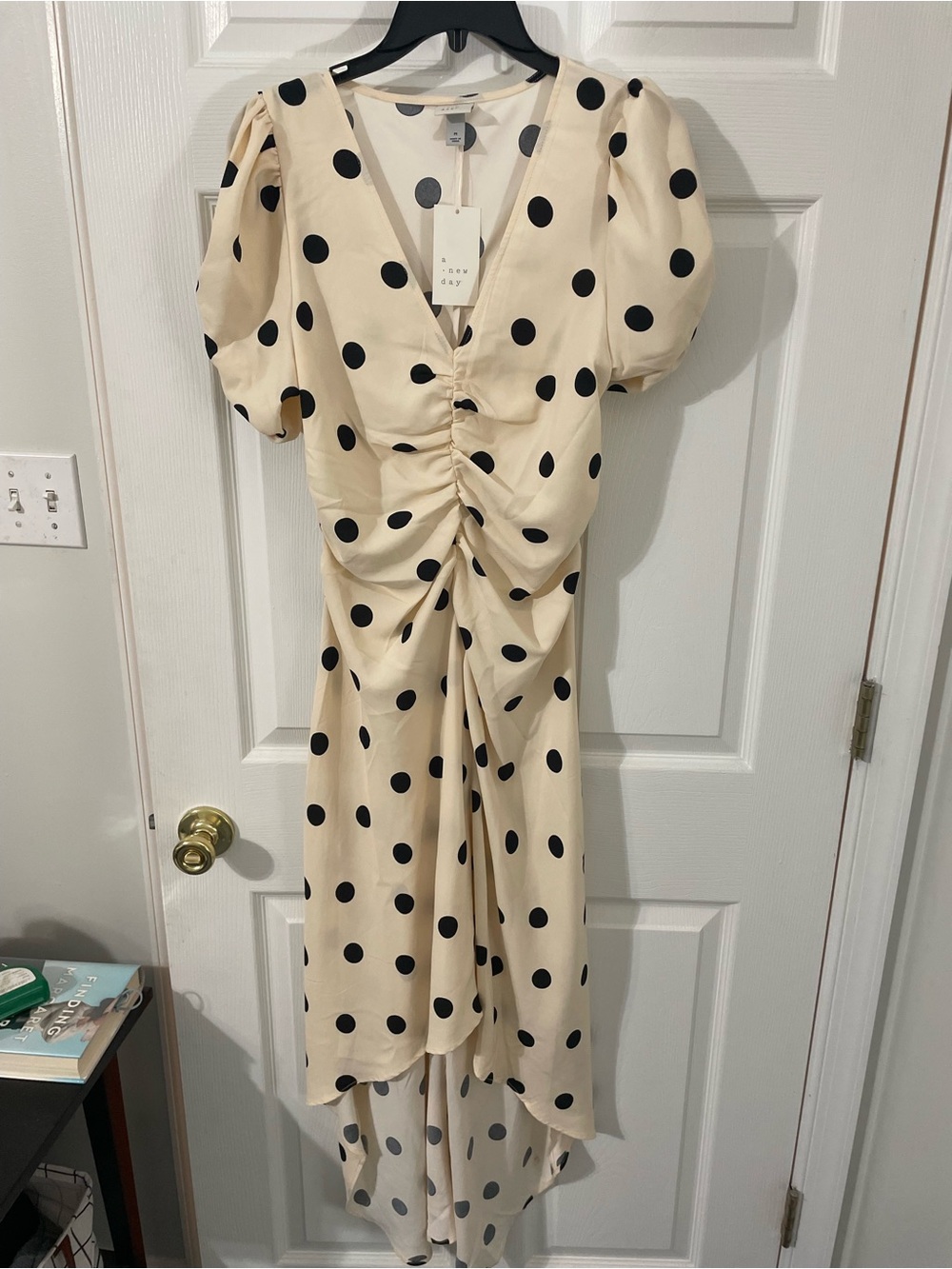 a new day Cream and Black Polka Dot High-Low Midi Dress